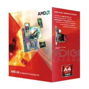 AMD A4 3400 processor with integrated Radeon HD 6410D graphics. Dual-core CPU with base clock speed of 2.7 GHz and turbo clock speed of 2.9 GHz. 65 watt TDP, new and unused with 2-year warranty.